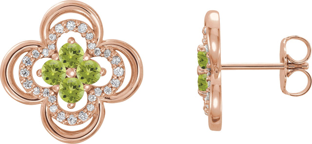 14K Gold Round Natural Peridot Clover Earrings – 2.5mm Stones - Rose Gold