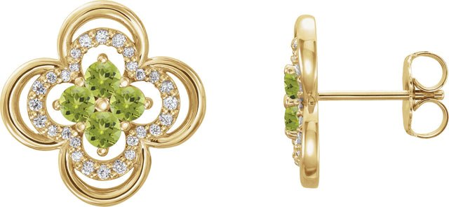 14K Gold Round Natural Peridot Clover Earrings – 2.5mm Stones - Yellow Gold