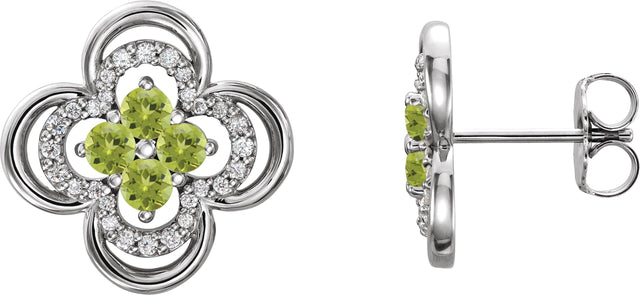 14K Gold Round Natural Peridot Clover Earrings – 2.5mm Stones - White Gold