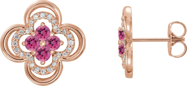 14K Gold Round Natural Pink Tourmaline Clover Earrings – 2.5mm Stones - Rose Gold