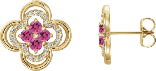 14K Gold Round Natural Pink Tourmaline Clover Earrings – 2.5mm Stones - Yellow Gold