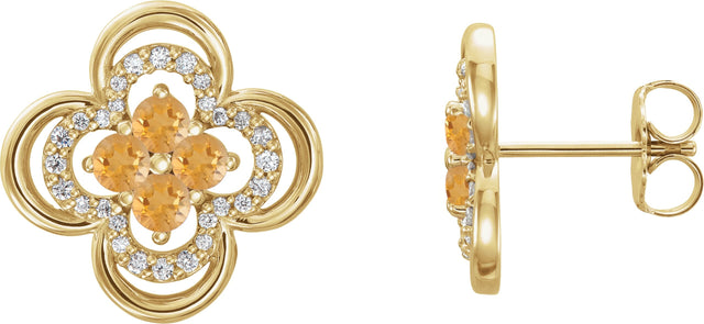 14K Gold Round Natural Citrine Clover Earrings – 2.5mm Stones - Yellow Gold