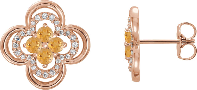 14K Gold Round Natural Citrine Clover Earrings – 2.5mm Stones - Rose Gold