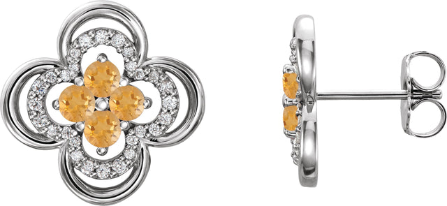 Platinum Round Natural Citrine Clover Earrings – 2.5mm Stones