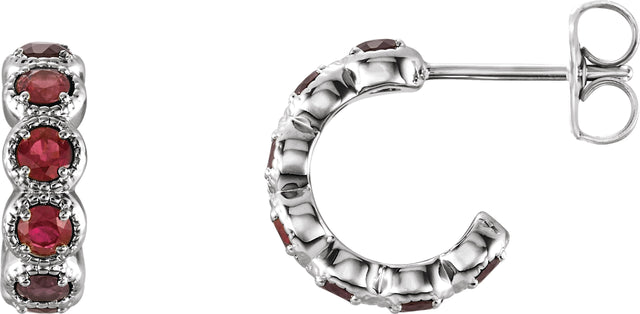 14K Gold Round Natural Mozambique Garnet Accented Hoop Earrings - White Gold