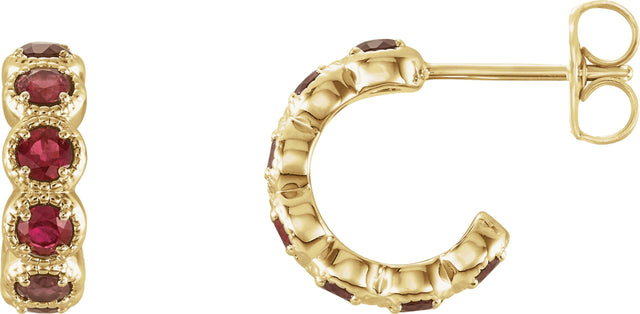 14K Gold Round Natural Mozambique Garnet Accented Hoop Earrings - Yellow Gold