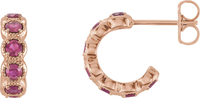 14K Gold Round Natural Pink Tourmaline Accented Hoop Earrings - Rose Gold