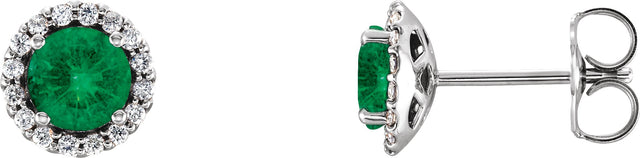 Platinum Lab-Grown Emerald Round 4-Prong Halo-Style Earrings – 3-6mm Stones