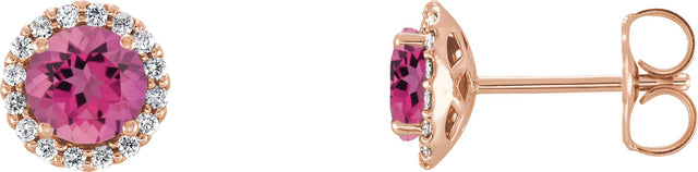 14K Gold Natural Pink Tourmaline Round 4-Prong Halo-Style Earrings – 3-6mm Stones - Rose Gold