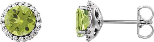 14K Gold Natural Peridot Round 4-Prong Halo-Style Earrings – 3-6mm Stones - White Gold