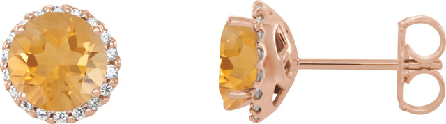 14K Gold Natural Citrine Round 4-Prong Halo-Style Earrings – 3-6mm Stones - Rose Gold