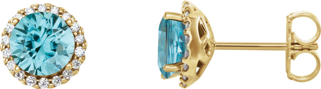 14K Gold Natural Blue Zircon Round 4-Prong Halo-Style Earrings – 3-6mm Stones - Yellow Gold