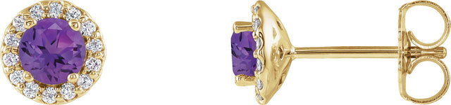 14K Gold Natural Amethyst Round 4-Prong Halo-Style Earrings – 3-6mm Stones - Yellow Gold