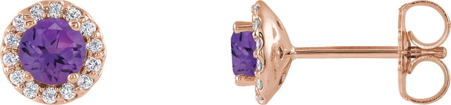 14K Gold Natural Amethyst Round 4-Prong Halo-Style Earrings – 3-6mm Stones - Rose Gold