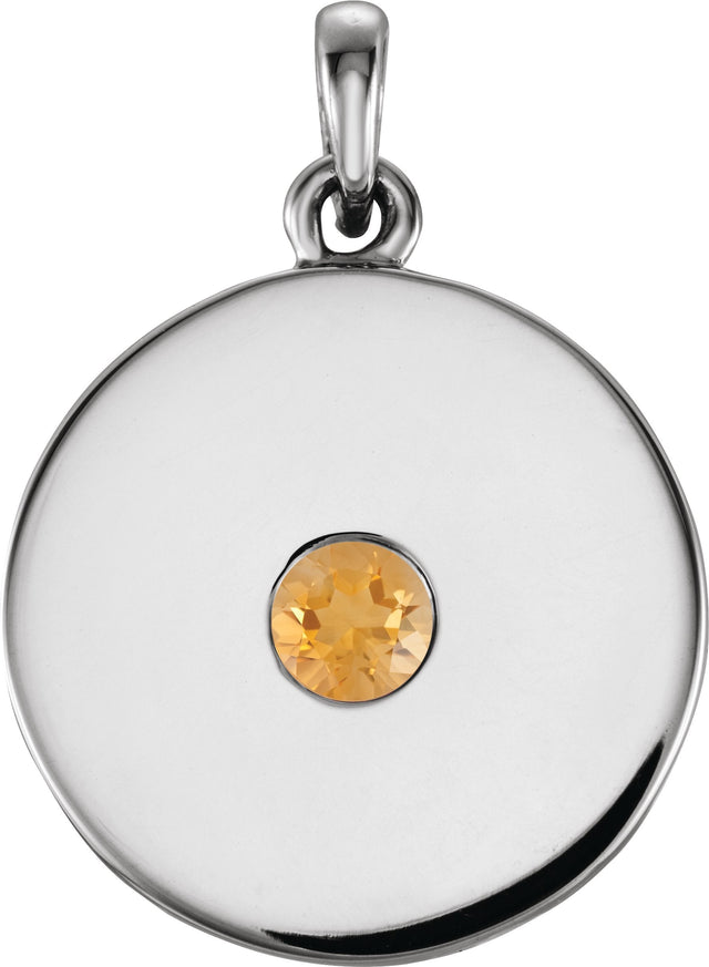 14K Gold Round Natural Citrine Disc Necklace or Pendant - White Gold