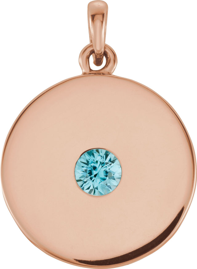 14K Gold Round Natural Blue Zircon Disc Necklace or Pendant - Rose Gold