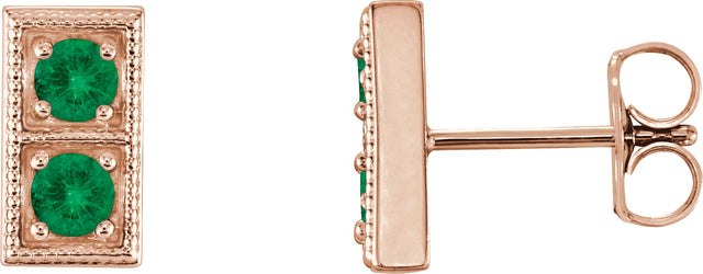 14K Gold Round Natural Emerald Two-Stone Earrings - Rose Gold