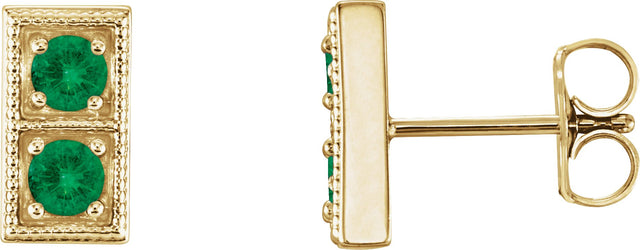 14K Gold Round Natural Emerald Two-Stone Earrings - Yellow Gold