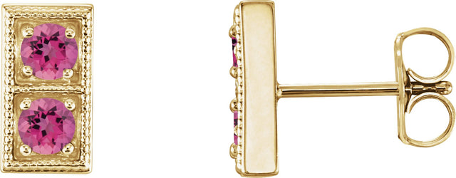 14K Gold Round Natural Pink Tourmaline Two-Stone Earrings - Yellow Gold