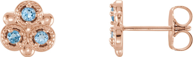 14K Gold Round Natural Aquamarine Three-Stone Earrings - Rose Gold