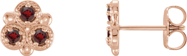 14K Gold Round Natural Mozambique Garnet Three-Stone Earrings - Rose Gold