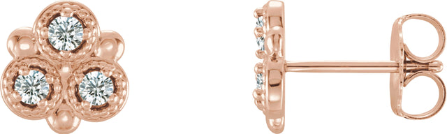 14K Gold Round Natural Diamond Three-Stone Earrings - Rose Gold
