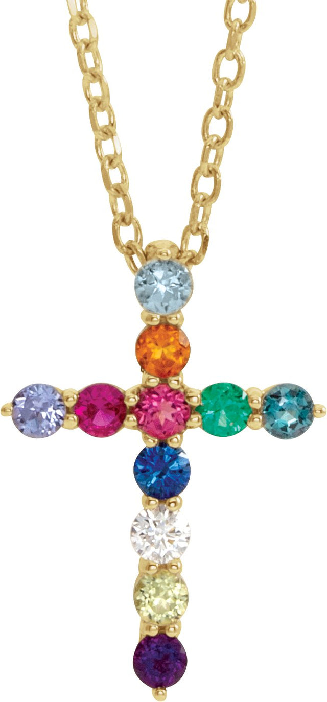 14K Gold Round Natural Multi-Gemstone Accented Cross Necklace or Pendant - Yellow Gold