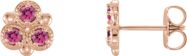 14K Gold Round Natural Pink Tourmaline Three-Stone Earrings - Rose Gold