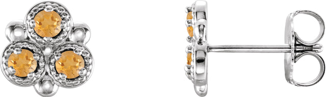 Platinum Round Natural Citrine Three-Stone Earrings