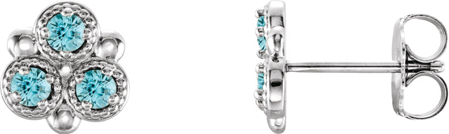 Platinum Round Natural Blue Zircon Three-Stone Earrings