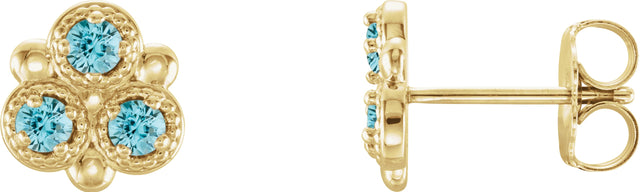 14K Gold Round Natural Blue Zircon Three-Stone Earrings - Yellow Gold