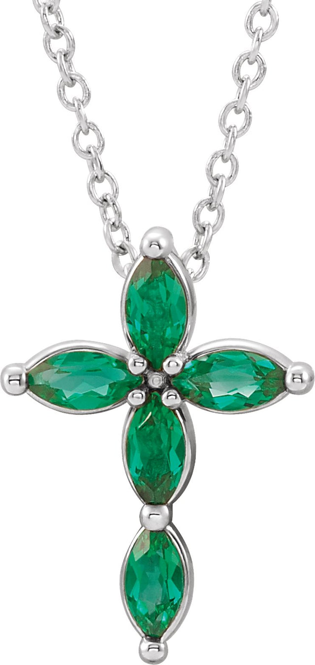 14K Gold Marquise Lab-Grown Emerald Cross Necklace or Pendant - White Gold