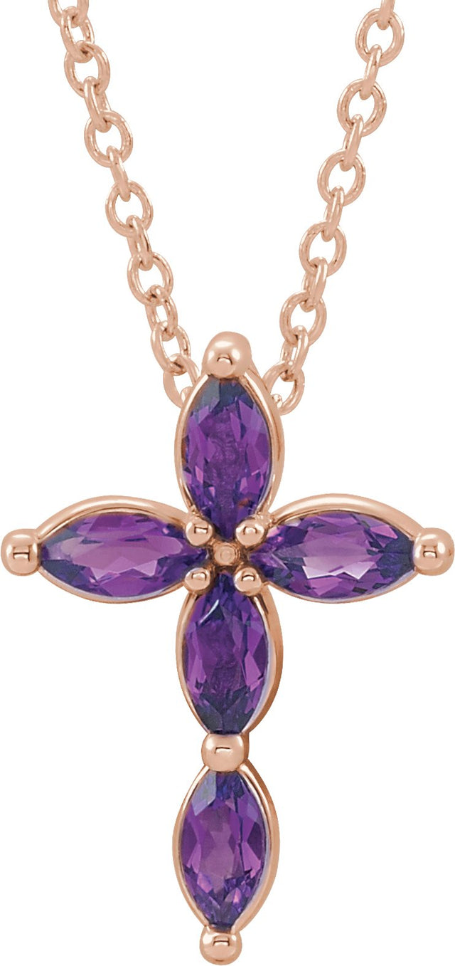 14K Gold Marquise Natural Amethyst Cross Necklace or Pendant - Rose Gold