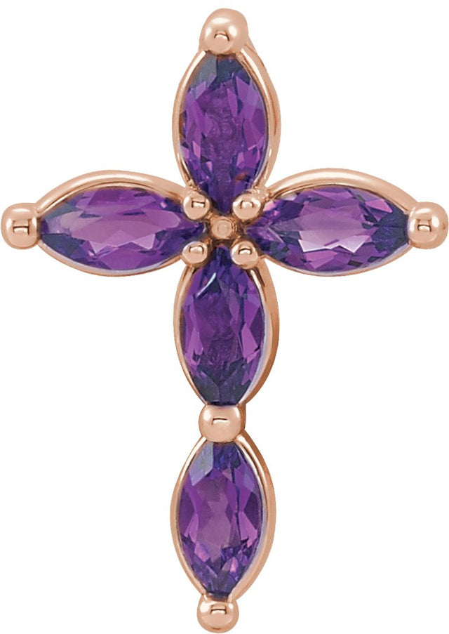 14K Gold Marquise Natural Amethyst Cross Necklace or Pendant - Rose Gold