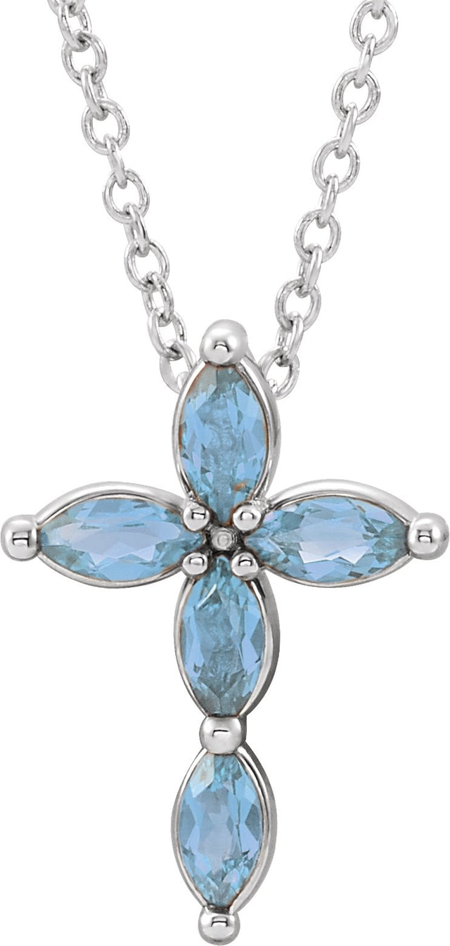 Platinum Marquise Natural Aquamarine Cross Necklace or Pendant