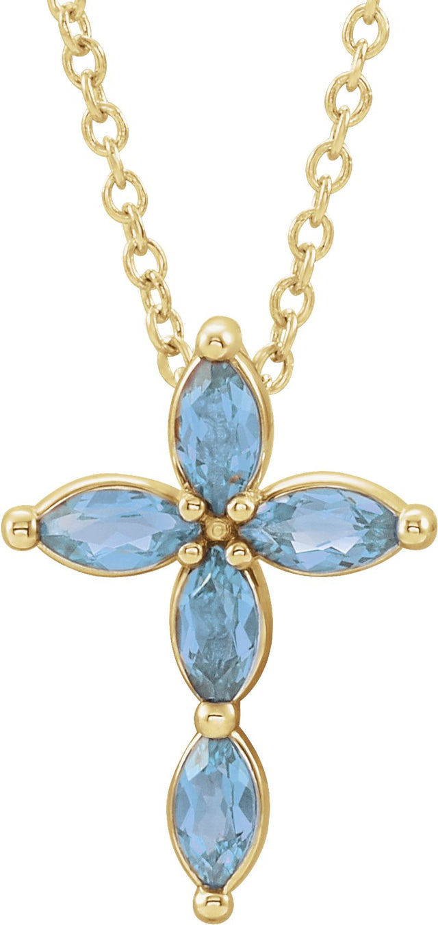 14K Gold Marquise Natural Aquamarine Cross Necklace or Pendant - Yellow Gold