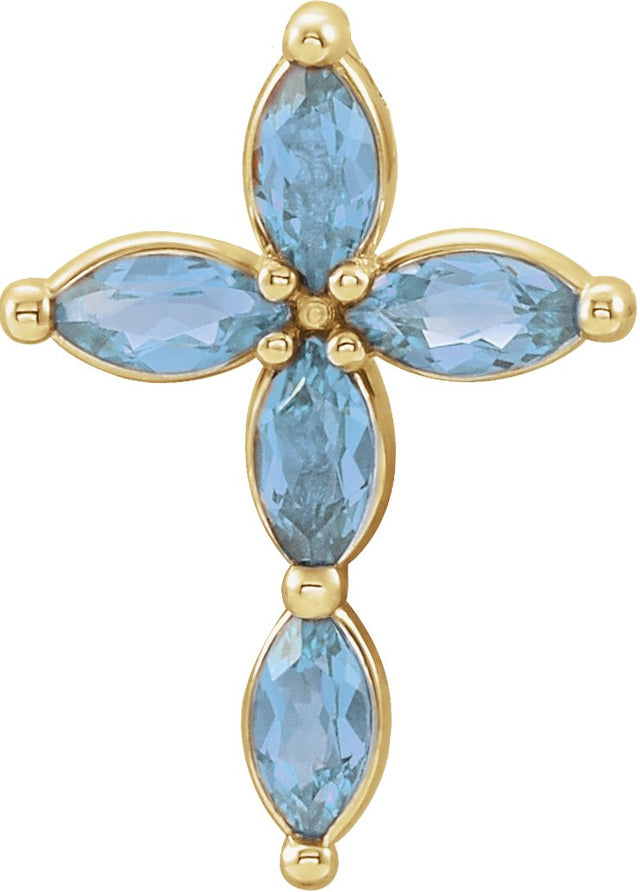 14K Gold Marquise Natural Aquamarine Cross Necklace or Pendant - Yellow Gold