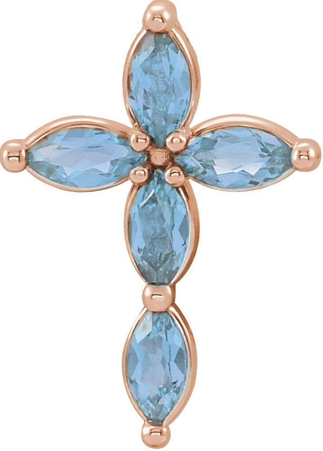 14K Gold Marquise Natural Aquamarine Cross Necklace or Pendant - Rose Gold