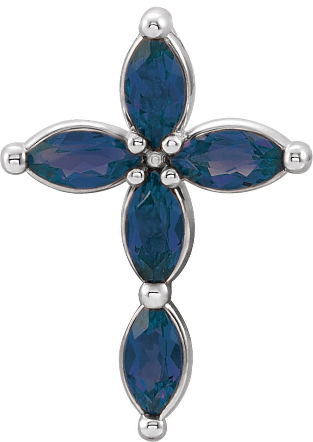 14K Gold Marquise Natural Blue Sapphire Cross Necklace or Pendant - White Gold