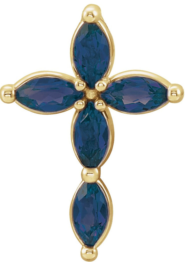 14K Gold Marquise Natural Blue Sapphire Cross Necklace or Pendant - Yellow Gold