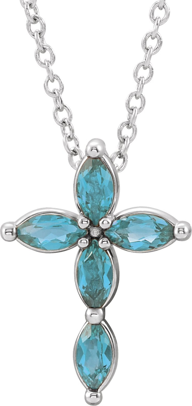 14K Gold Marquise Natural Blue Zircon Cross Necklace or Pendant - White Gold