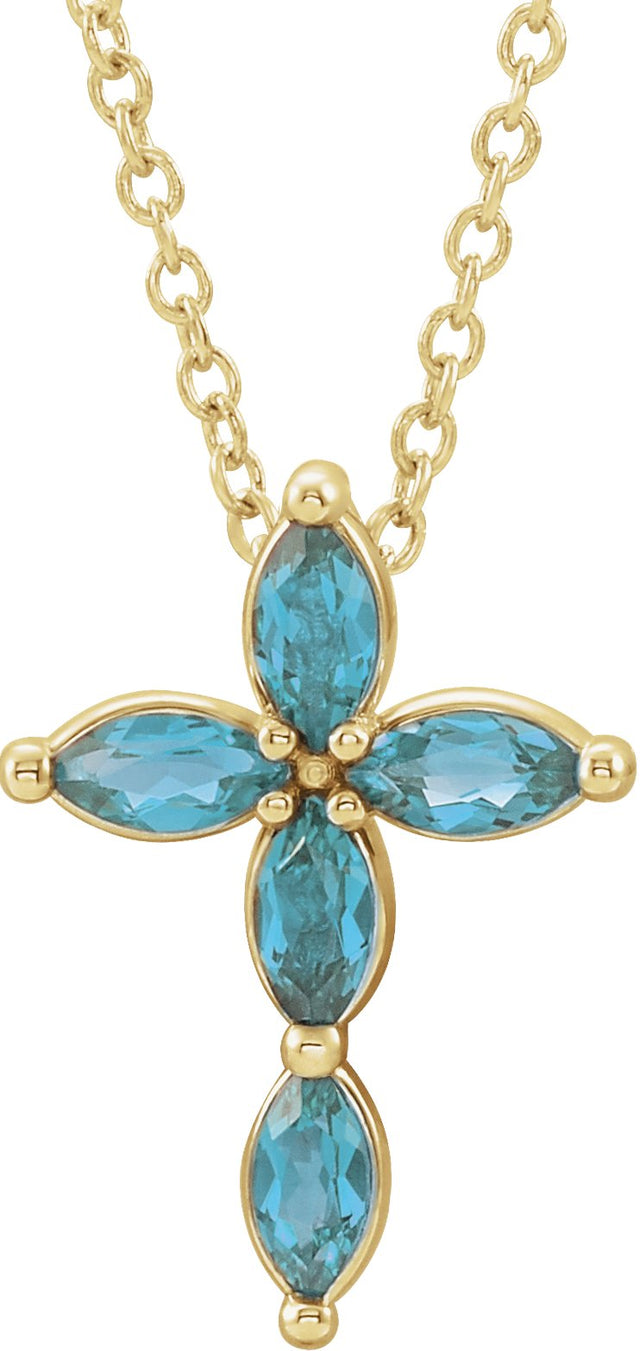 14K Gold Marquise Natural Blue Zircon Cross Necklace or Pendant - Yellow Gold