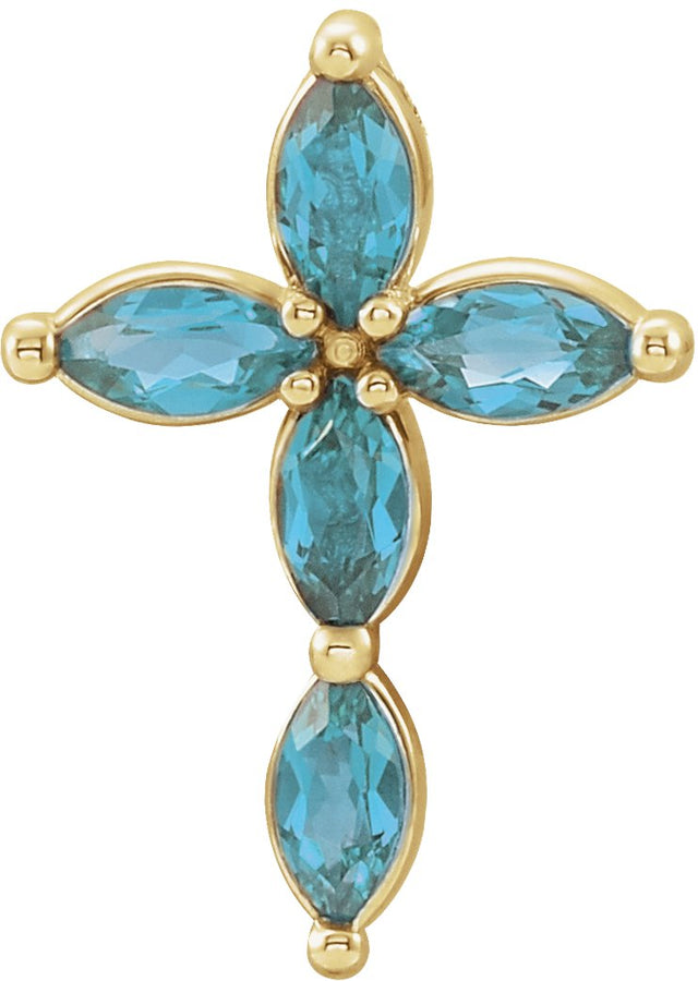 14K Gold Marquise Natural Blue Zircon Cross Necklace or Pendant - Yellow Gold