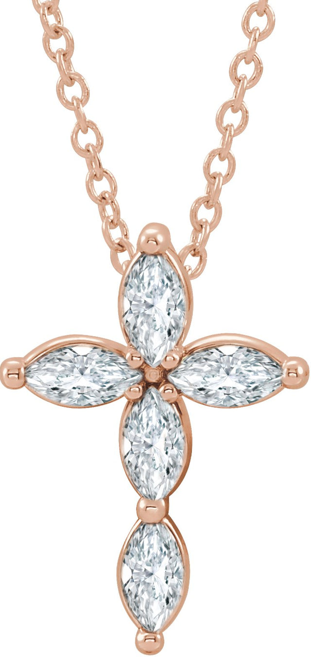 14K Gold Marquise Natural Diamond Cross Necklace or Pendant - Rose Gold