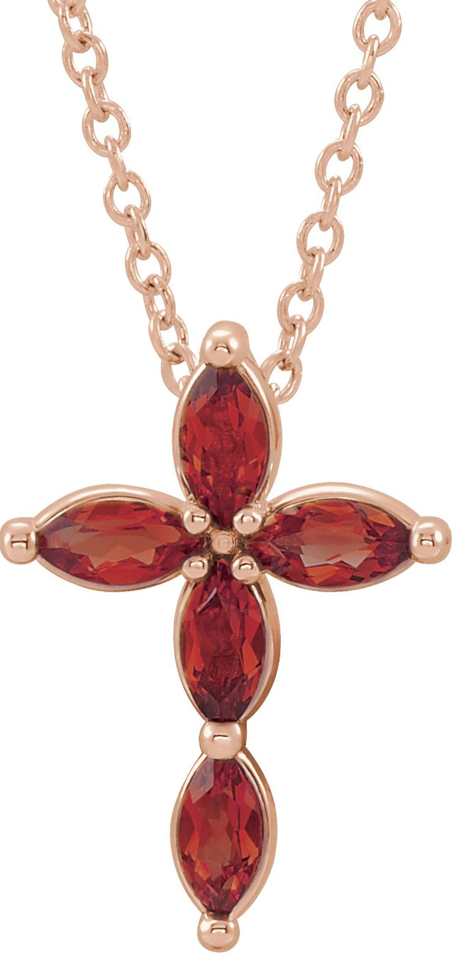 14K Gold Marquise Natural Mozambique Garnet Cross Necklace or Pendant - Rose Gold