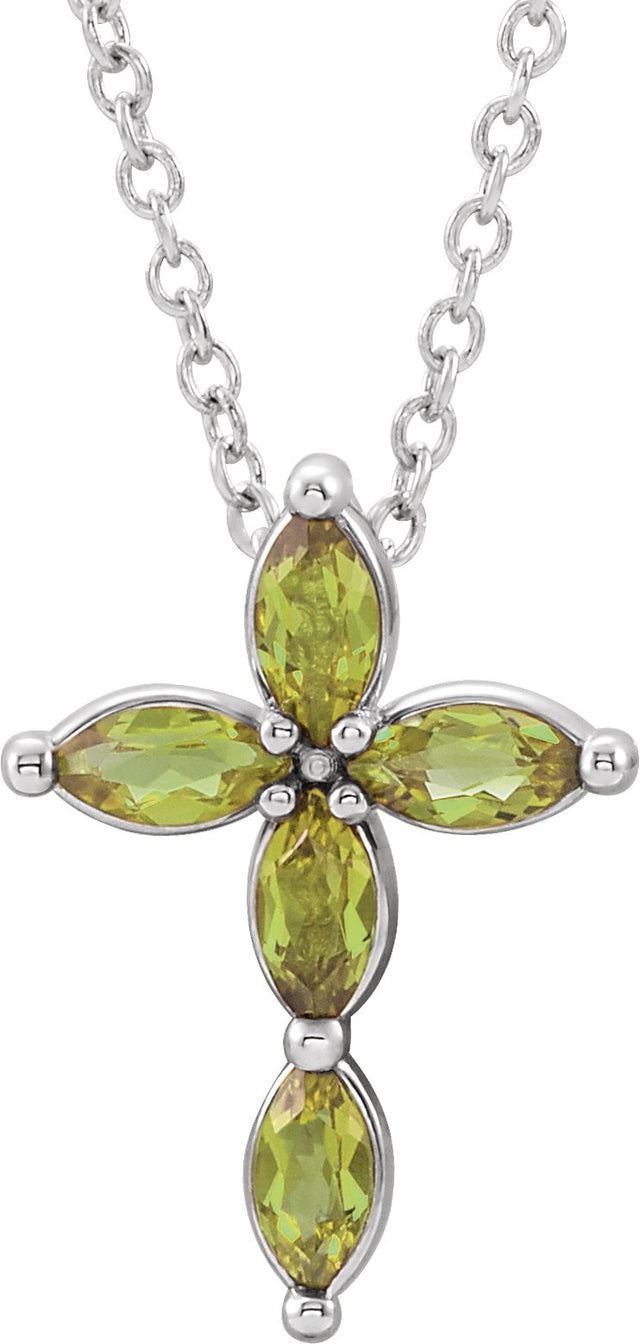 14K Gold Marquise Natural Peridot Cross Necklace or Pendant - White Gold