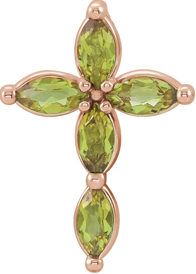 14K Gold Marquise Natural Peridot Cross Necklace or Pendant - Rose Gold