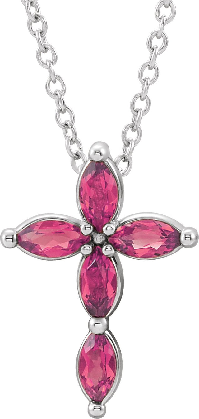 Platinum Marquise Natural Pink Tourmaline Cross Necklace or Pendant