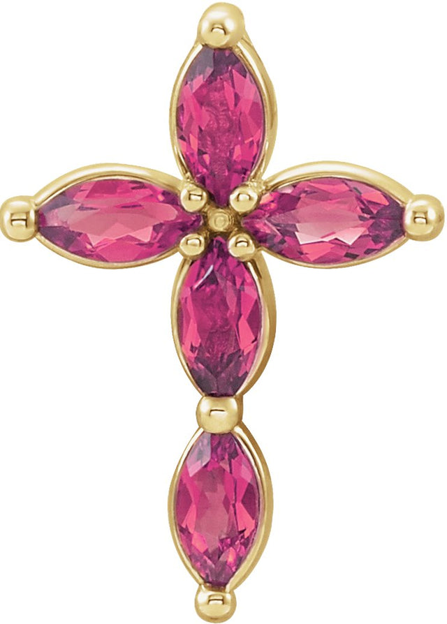 14K Gold Marquise Natural Pink Tourmaline Cross Necklace or Pendant - Yellow Gold