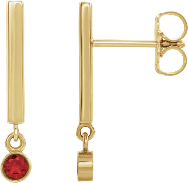 14K Gold Round Natural Ruby Bezel-Set Bar Earrings - Yellow Gold